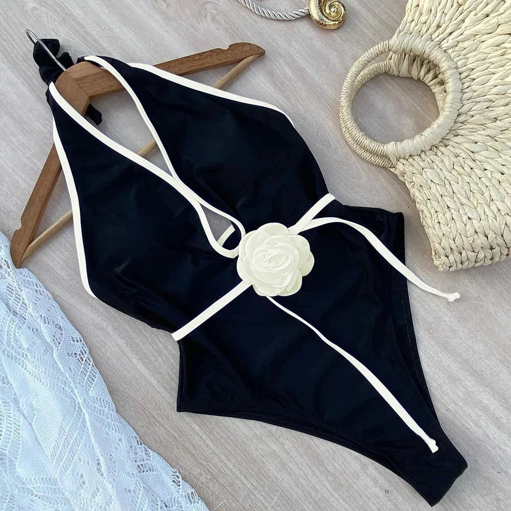Floral One Piece Swimsuit 2025 New Halter Bandage Swimwear Women Swimsuit Bathing Suit Beachwear Monokini Female Swimming Suits